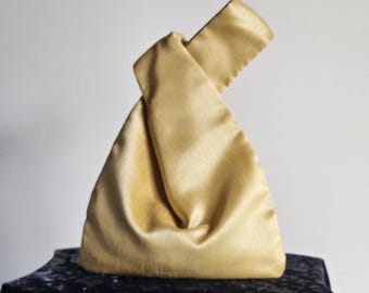 Gold Faux Silk Japanese Knot Bag Small Evening Handbag Bridesmaids