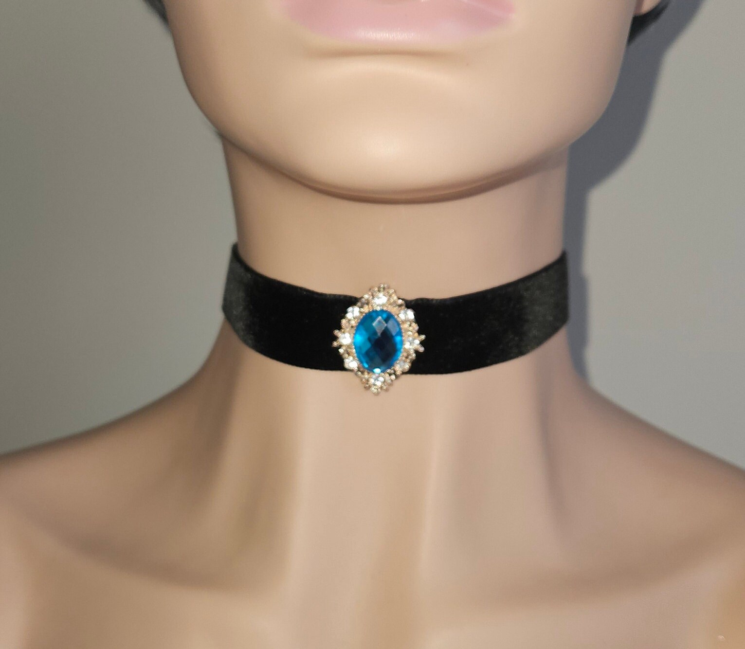 Steampunk Ribbon Black Velvet Ribbon Choker With Turquoise Blue Diamante Jewel Victorian ...