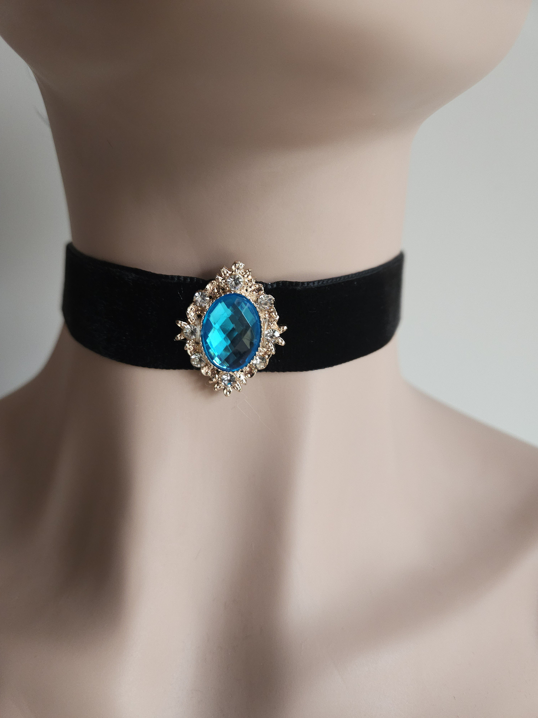 Steampunk Ribbon Black Velvet Ribbon Choker With Turquoise Blue Diamante Jewel Victorian ...