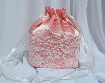 Peach Satin with Ivory Lace Dolly Bag Wedding Bridesmaids Purse