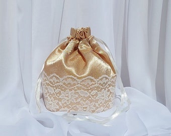 Gouden satijnen Dolly tas met ivoorkleurige kant bruids bruiloft dag portemonnee laatste