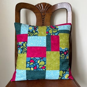 Handmade Patchwork Cotton Cushion Cover Pink Green & Blue Plain and Floral 14x14" Square Cover Envelope Back Home Decor