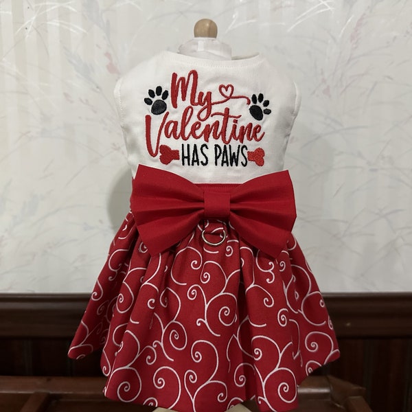 My Valentine Has Paws, Valentine Dog Dress, Embroidery, Dog Harness Dress