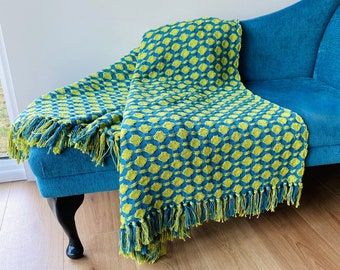 The Fig throw, blanket, handmade, woven, gift, present, vegan, recycled, sustainable, cotton, picnic, bold pattern, colourful, bright