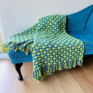 The Fig throw, blanket, handmade, woven, gift, present, vegan, recycled, sustainable, cotton, picnic, bold pattern, colourful, bright