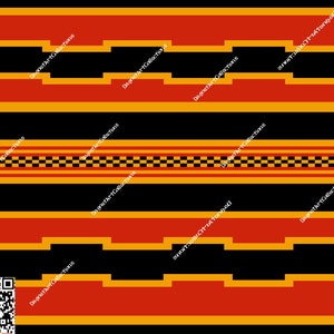 May include: A seamless pattern with alternating bands of black, red, and gold. The pattern features geometric shapes and a checkered design.