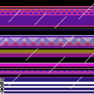 May include: A colorful striped pattern with geometric shapes and a QR code in the bottom left corner. The pattern features a variety of colors, including pink, blue, purple, orange, and yellow.