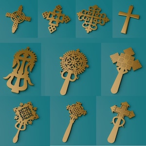 May include: A collection of ten gold-coloured crosses with intricate designs. Some crosses are flat, while others have a handle. The crosses are arranged on a blue background.