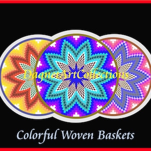 May include: Three colorful woven baskets with starburst designs in yellow, blue, and pink hues. Each basket features a unique geometric pattern and is set against a black background with the text "Colorful Woven Baskets".