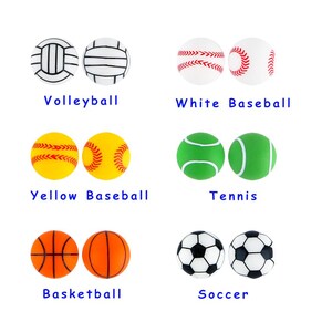 May include: Six pairs of different sports balls, including volleyball, white baseball, yellow baseball, tennis, basketball, and football.