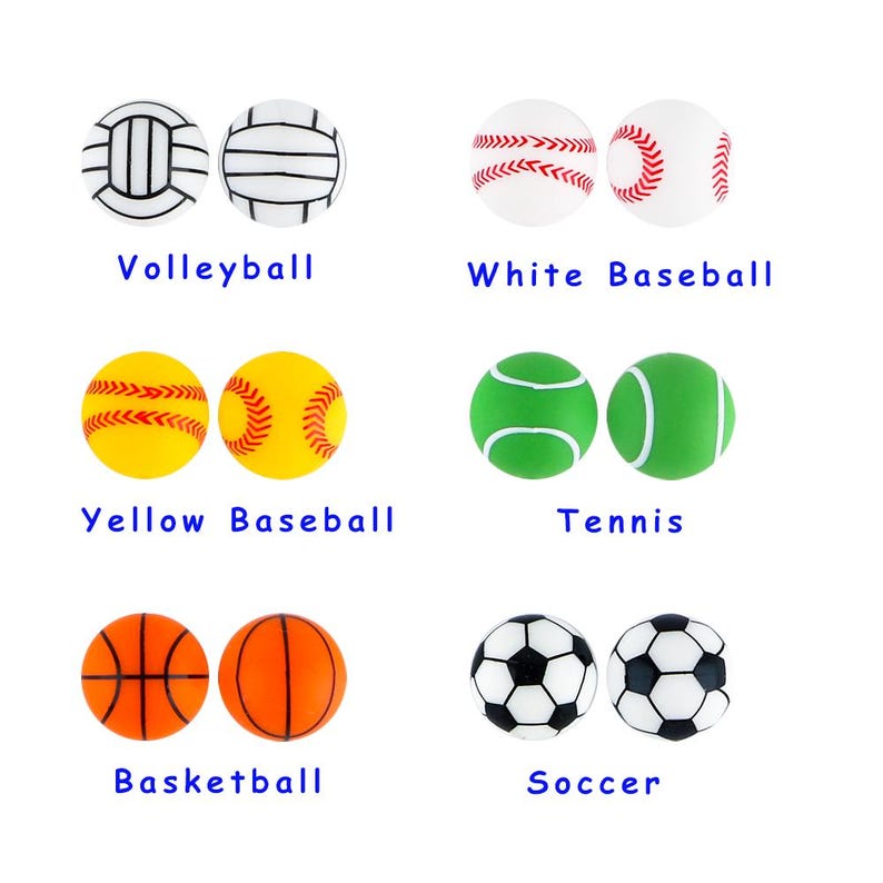 May include: Six pairs of different sports balls, including volleyball, white baseball, yellow baseball, tennis, basketball, and football.