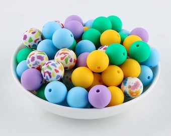 5 Colors Mixed Silicone Beads,Silicone Print Beads,15mm Round Silicone Beads Mix,Bulk Silicone Beads kit, Wholesale Silicone Beads