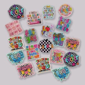 May include: A collection of colorful stickers featuring various teacher-themed designs, including apples, pencils, globes, bows, and checkerboard patterns. The text includes phrases like Teacher, Teach Love Inspire, and It Takes a Big Heart to Teach Little Minds.