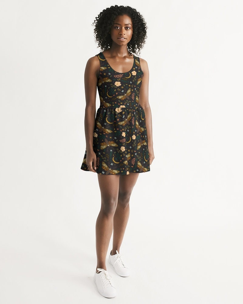 Gothic Moth & Rose Skater Dress Floral Dark