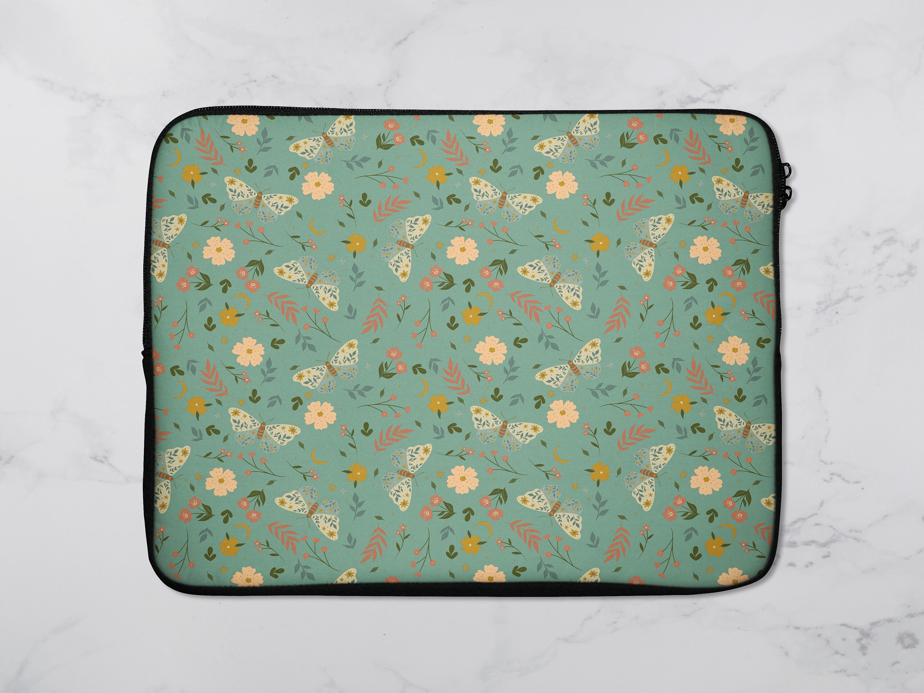 Sage Green Laptop Sleeve, Boho Laptop Pouch, Mystical Moth Laptop Case