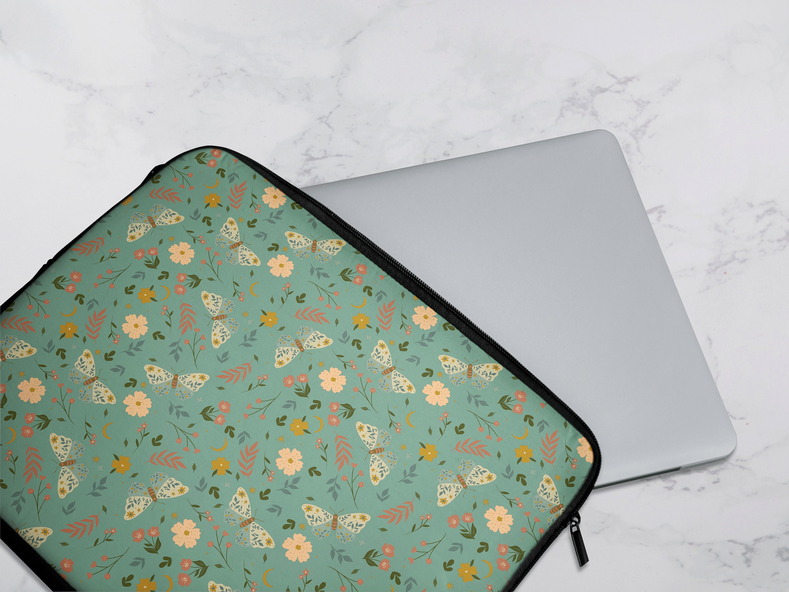 Sage Green Laptop Sleeve, Boho Laptop Pouch, Mystical Moth Laptop Case