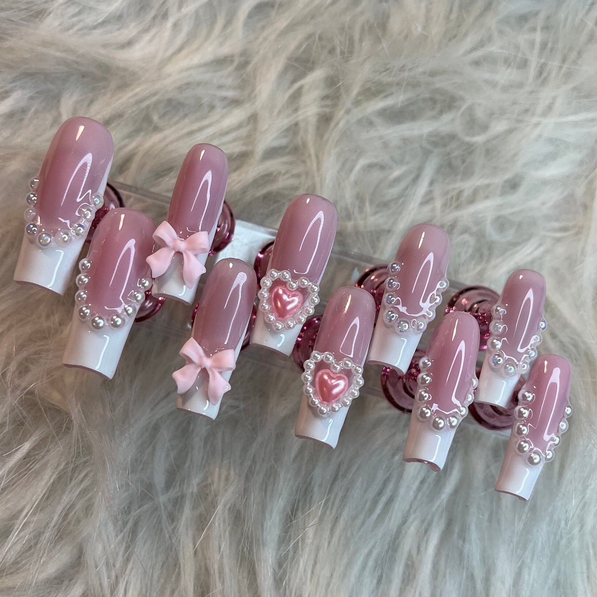 French Tip Press on Nails | Coquette nails with bows pearls and heart charms