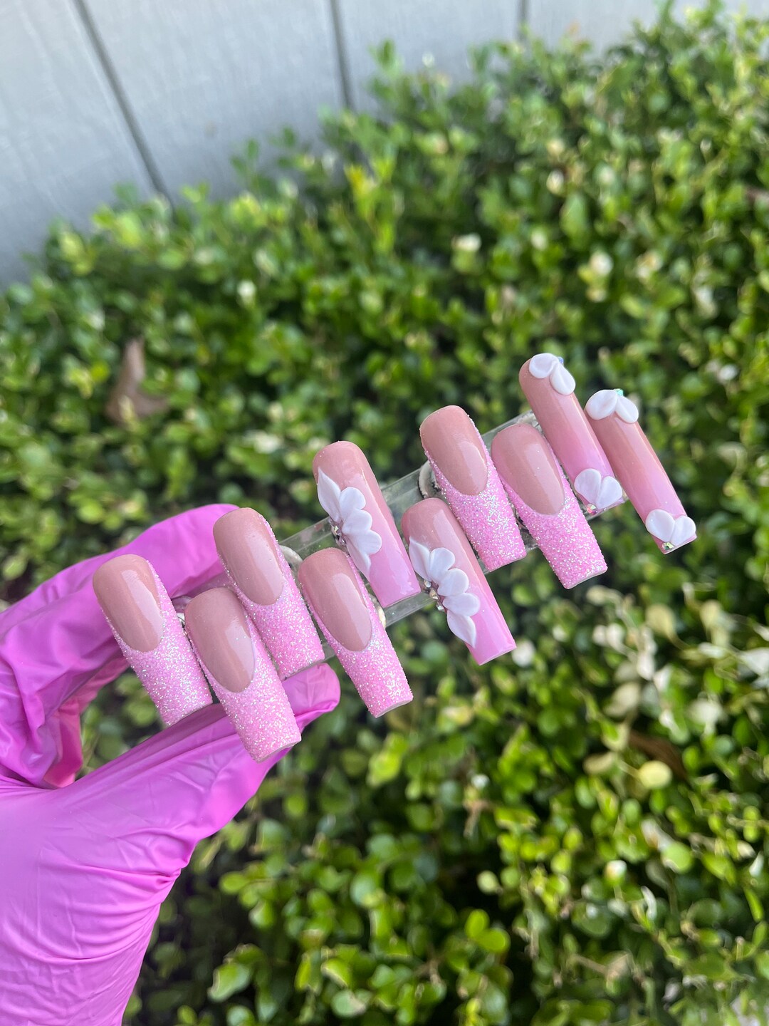 Pink Glitter French Tip Press on Nails With Acrylic Flowers Etsy