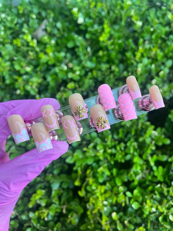 Short Pink Kaws Press on Nails With Gold Charms 