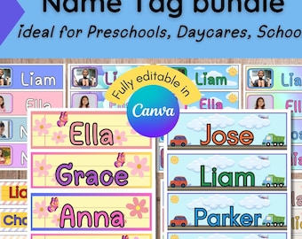 Puede incluir: Un conjunto de 10 etiquetas de nombre imprimibles para niños. Las etiquetas presentan diferentes diseños, que incluyen temas florales, de coches y arcoíris. El texto "Totalmente editable en Canva" está incluido en la imagen.