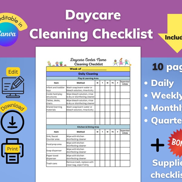 Daycare Cleaning Checklist, Cleaning Checklist, Daycare Cleaning Schedule, Home Daycare, Daycare Provider, Daycare Forms, in home daycare