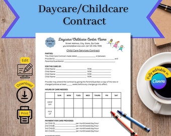 Daycare Contract, Child Care Contract, Home Daycare Contract, Daycare Agreement, Child Care agreement, Fully editable CANVA template