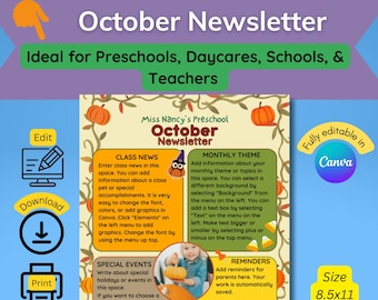 Classroom Newsletter Template, Monthly Newsletter, Teacher Newsletter, Editable Newsletter Template, October Newsletter, Class Newsletter
