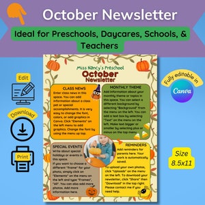 Editable October Classroom Newsletter Template (CANVA Digital Download)