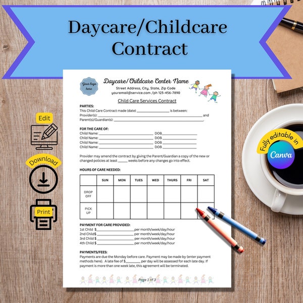 Daycare Contract, Child Care Contract, Home Daycare Contract, Daycare Agreement, Child Care agreement, Fully editable CANVA template