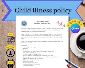 Daycare sick policy, Child care illness policy, sick child policy, daycare forms, child illness policy, starting a daycare, daycare provider