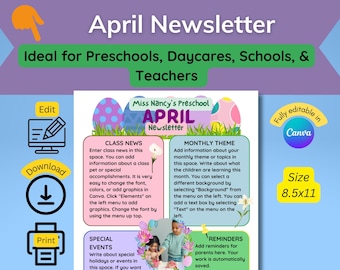 Edytowalny szablon biuletynu klasowego: kwiecień, co tydzień (Canva Digital Download)