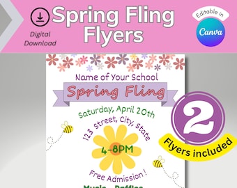 Editable Spring Fling Flyer for schools, churches, daycares, Spring invitation, Spring school festival, PTO PTA fundraiser, Church Events