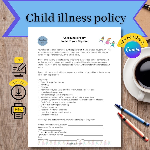 Daycare sick policy, Child care illness policy, sick child policy, daycare forms, child illness policy, starting a daycare, daycare provider