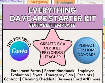 Daycare Starter Kit, Home Daycare forms, Daycare contract, Daycare schedule, Daycare labels,  Childcare forms, Daycare enrollment form