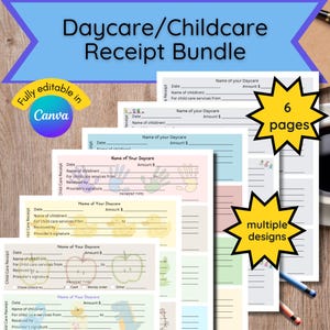 Editable Daycare Receipt Bundle: 6 pages of designs (Canva template), Daycare Provider, Daycare Forms, In home daycare, Daycare payment
