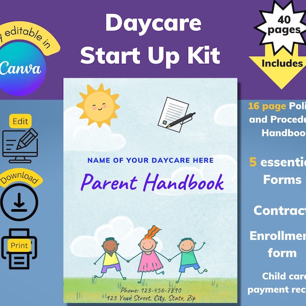 Editable Daycare Starter Kit, Parent Handbook, Daycare Forms, Daycare printables, In home daycare starter kit, Daycare enrollment forms