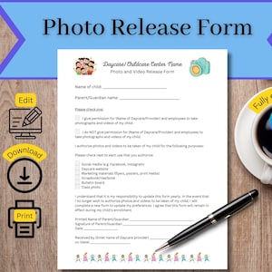 Formulario de autorización de fotos y videos para cuidado infantil, guardería, preescolar, para proveedores de cuidado infantil, cuidado infantil a domicilio, formulario de redes sociales, formularios de cuidado infantil.