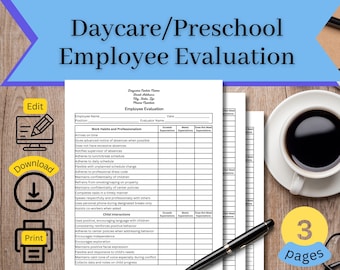 Daycare Staff Evaluation Form, Editable Employee Review, Preschool Evaluation, Employee Evaluation, Daycare Provider forms, Childcare forms