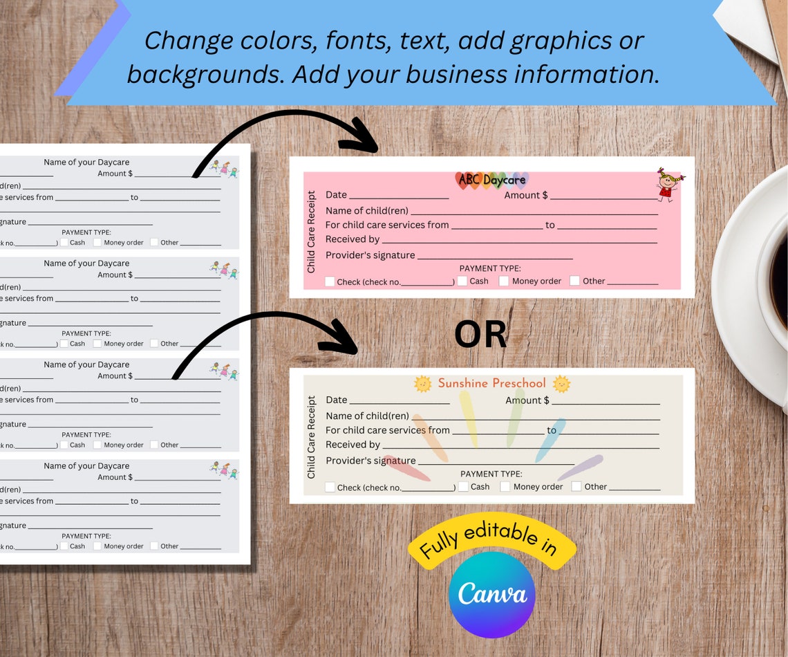 Daycare Receipt, Childcare Receipt, Printable Receipt for Child Care Services, Fully Editable ...