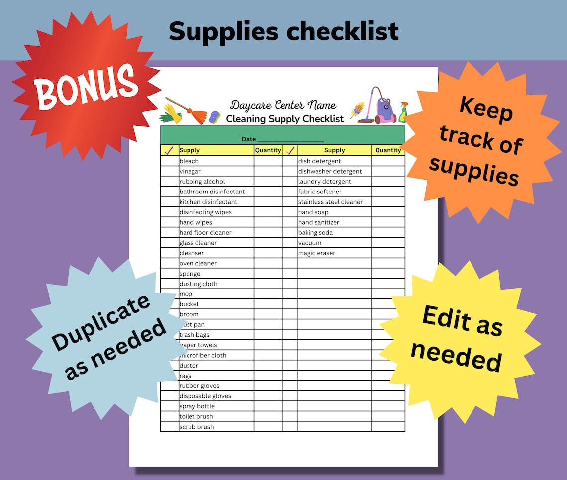 Daycare Cleaning Checklist, Cleaning Checklist, Daycare Cleaning ...