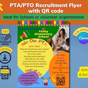 Editable PTA PTO Recruitment Flyer, printable handout with QR code, Join the pta flyer, volunteer flyer, flyer template, why join the pta