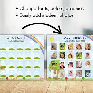 May include: Two colorful preschool classroom templates with space for student photos. One template is labeled "School Name" and the other "ABC PreSchool." Both feature rainbows, suns, and apple and worm graphics.