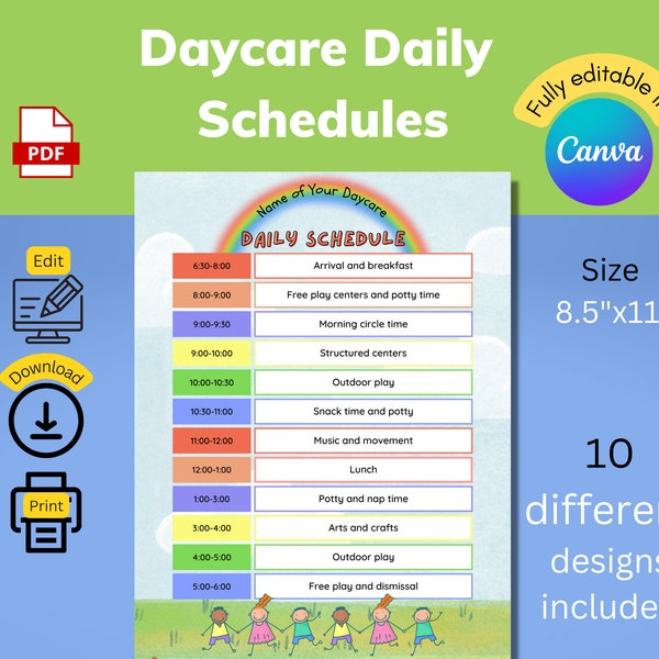 Daily Daycare Schedule, Child Care Schedule, In home daycare, Editable Daycare Schedule Template, Preschool Schedule, Home school schedule