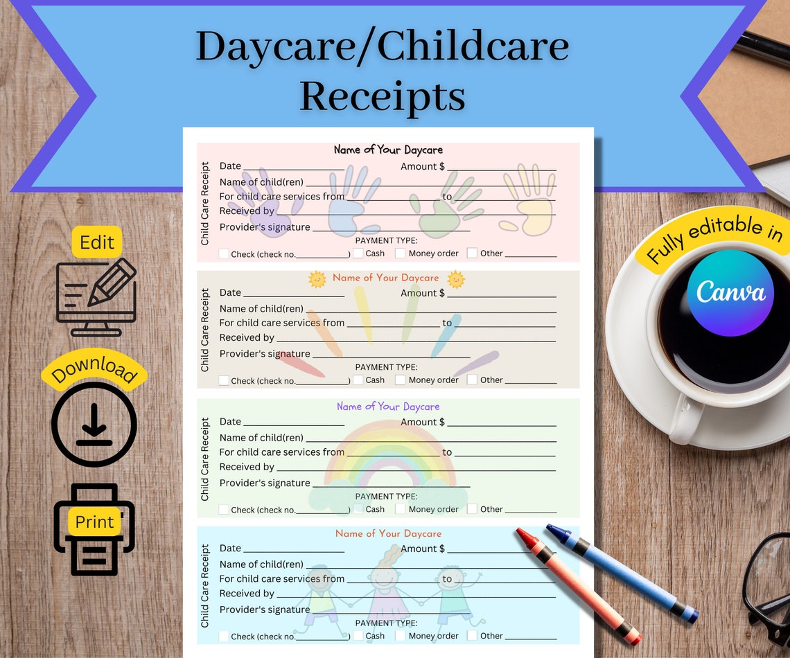 Daycare Receipt, Childcare Receipt, Printable Receipt for Child Care Services, Fully Editable ...