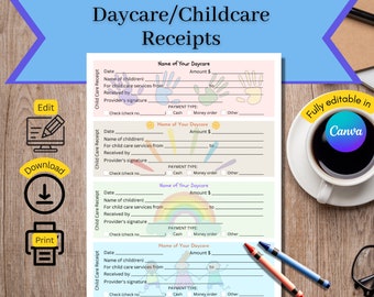 Daycare Receipt, Childcare Receipt, Printable Receipt for child care services, Fully Editable Daycare Receipt for business or home daycare