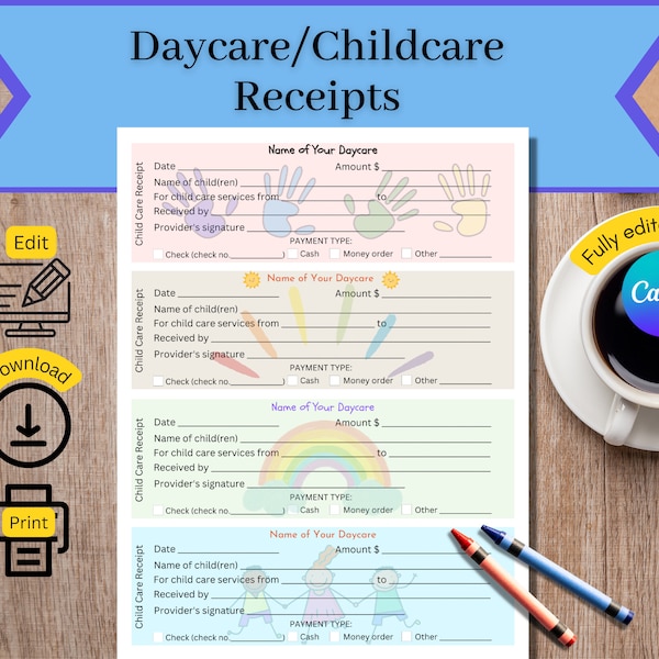 Daycare Receipt, Childcare Receipt, Printable Receipt for child care services, Fully Editable Daycare Receipt for business or home daycare