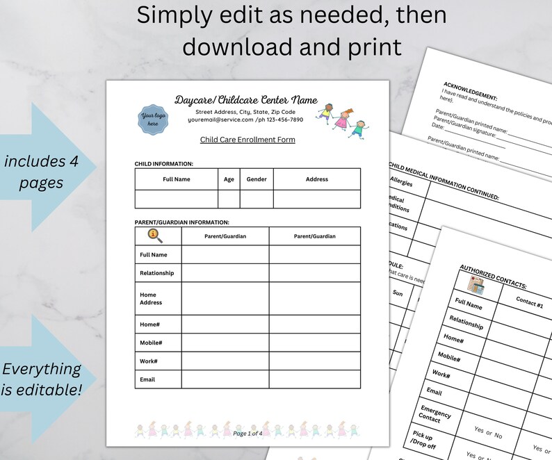 Daycare Enrollment Forms, Fully Editable, Child Care Enrollment Forms ...