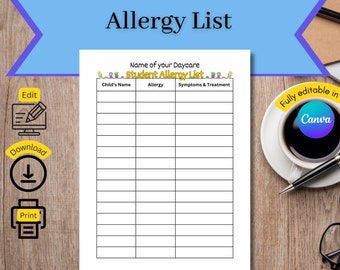 Peut inclure: Un modèle de liste d'allergies imprimable pour une garderie. Le modèle comporte des colonnes pour le nom de l'enfant, l'allergie, les symptômes et le traitement. Le modèle est entièrement modifiable dans Canva.