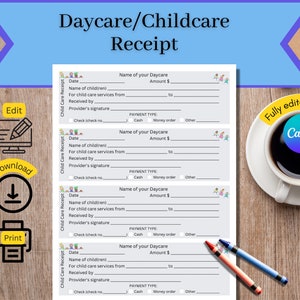 Daycare Receipt, Childcare Receipt, Printable Receipt for child care services, Fully Editable Daycare Receipt for business or home daycare
