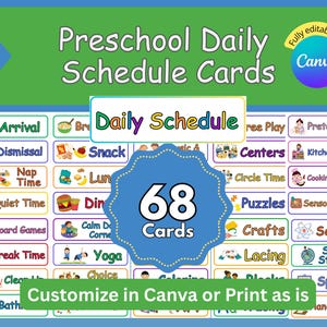 Puede incluir: Un conjunto de 68 tarjetas de horario diario para preescolar con iconos coloridos y etiquetas de texto para actividades como llegada, merienda, siesta y yoga. Las tarjetas son editables en Canva e incluyen una insignia azul con 68 Cards.